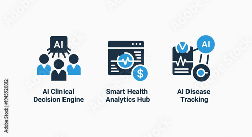 Ai healthcare icons: clinical decision, health analytics, disease tracking