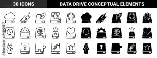 Hybrid storage drive symbols featuring integrated metaphors for cloud connectivity energy efficiency security time management and genetic data encryption