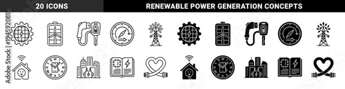 Hybrid energy and smart utility icons merging solar panels with gears wind turbines with batteries and electric vehicle charging with car keys