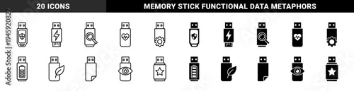 Hybrid USB Flash Drive Interface Symbols Representing Security Power Search Health Management Battery Life Ecology Privacy and Rating Metrics