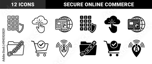 Cyber security and digital commerce hybrid icons featuring keypad shield folder chain cloud click globe and signal tower location symbols