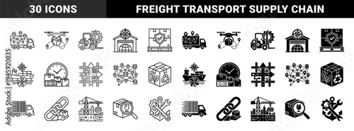 Hybrid Logistics and Supply Chain Management Symbol Set Featuring Integrated Concepts for Global Shipping Freight Transport and Smart Delivery Systems