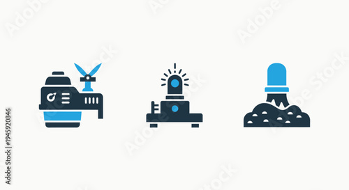 Industrial icons: sprinkler system, warning light, rocket launch
