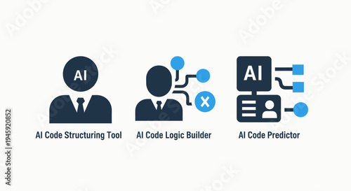 Ai coding icons: software development, logic builder, predictive tool