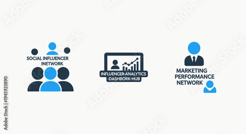Social media influencer network and marketing performance analytics dashboard icons with data analysis with online marketing