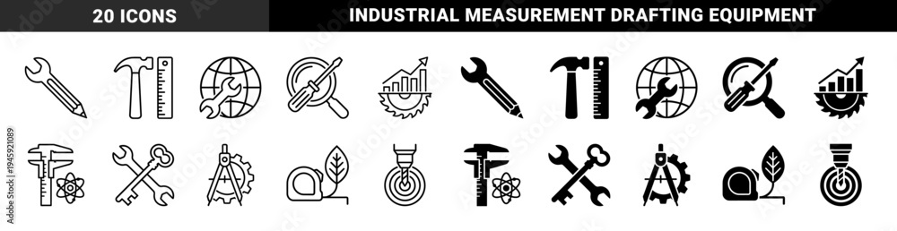 Fototapeta premium Linear and solid hybrid tool icons merging a wrench with a pencil hammer with a ruler and a screwdriver with a magnifying glass for creative engineering