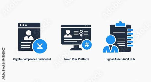 Crypto compliance dashboard, token risk platform, digital asset audit hub icons