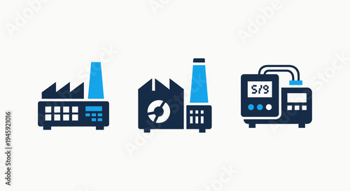 Factory and industrial equipment icons: production plant, processing unit, smoke stack, supply chain