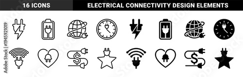 Hybrid electrical plug icons merging power connectors with battery globe clock wifi heart dollar and star symbols in outline and solid styles