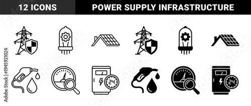 Hybrid energy and utility symbols featuring electric power grid shield solar roof panels fuel pump drop and 24 hour charging station icons