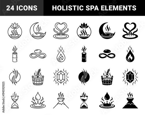 Zen Wellness and Spa Therapy Hybrid Symbols Featuring Lotus Moon Heart and Eternal Infinity Elements with Steam and Aroma Vapor Details