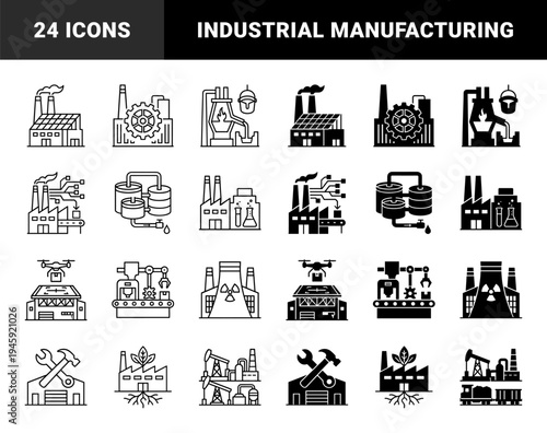 Heavy Industry and Manufacturing Hybrid Icon Set Featuring Smart Factory Production Automation Chemical Processing and Green Energy Solutions