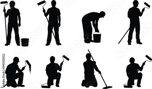 Set of professional painter worker silhouettes using paint roller and bucket, house painting service concept, wall renovation, maintenance contractor, home improvement and construction worker vector 