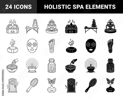 Wellness and Holistic Therapy Symbols Featuring Hybrid Concepts Like Zen Foot Mapping Sauna Cabin and Aromatherapy Butterfly Diffuser