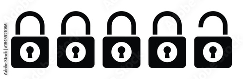 Five Padlocks: Four Locked, One Unlocked, Representing Security and Access
