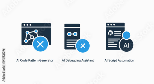Ai technology icons: code pattern, debugging, and script automation solutions, artificial intelligence, machine learning, dark blue, white background