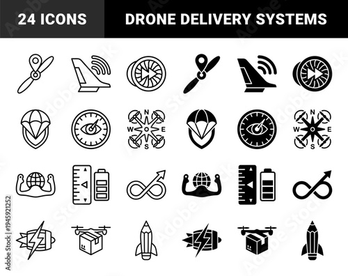 Hybrid aviation and logistics icons merging drone technology with navigation symbols propeller pin wing signal and rocket pencil metaphors