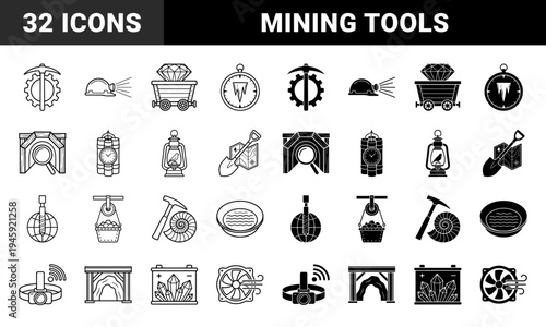 Underground Mining and Geology Hybrid Icons Combining Industrial Tools with Natural Minerals Fossil Ammonites and Exploration Mapping Elements