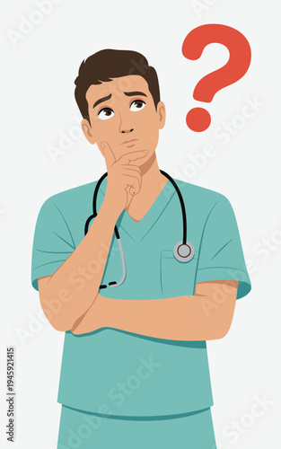 Thoughtful male doctor looking confused and pensive in bright clean lighting as a cartoon illustration for medical dilemma or problem-solving scenarios.