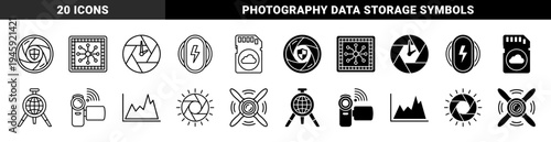 Hardware and Digital Media Hybrid Icons Featuring Camera Aperture Protection Data Storage Cloud Memory and Video Production Components
