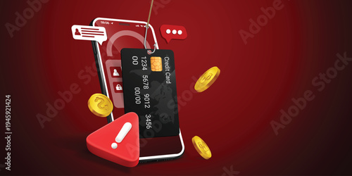 Phishing scam concept with fishing hook stealing credit card from smartphone screen, 3D illustration of financial fraud, cyber security breach, online theft and digital banking identity theft.	
