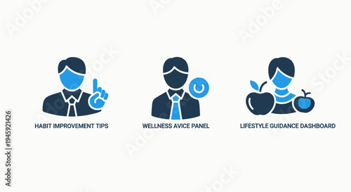 Habit improvement tips, wellness advice, and lifestyle guidance icons for personal development, health, and well-being, coaching icon, personal growth
