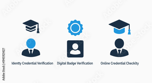 Identity credential verification, digital badge verification, and online credential checkly icons for authentication and digital identity, identity card, verification system