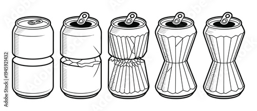 Line of Five Cans Showing Stages of Crushing