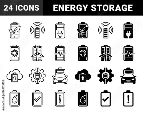 Sustainable Energy Storage and Battery Status Symbols Featuring Eco Friendly Hybrid Power Wind Solar and Electric Vehicle Charging Indicators
