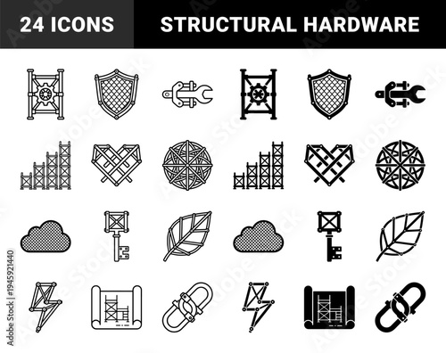 Construction scaffolding and industrial hardware hybrid symbols featuring scaffolding structures merged with shield leaf cloud and lightning bolt