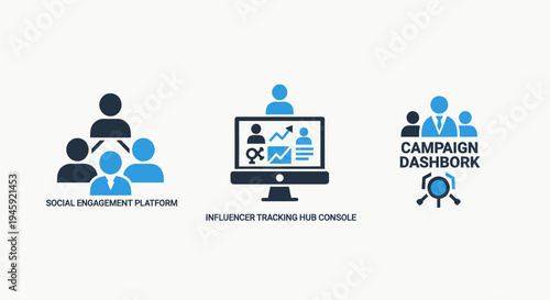 Social engagement, influencer tracking, campaign dashboard icons - marketing and analytics