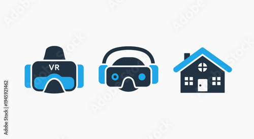 Vr headset, goggles, house icons - virtual reality, safety, real estate concepts, smart home, connected home