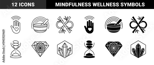 Mindfulness and Spiritual Wellness Hybrid Symbols Featuring Healing Hand Heart Singing Bowl Bamboo Infinity Hourglass Diamond and Crystal Grids