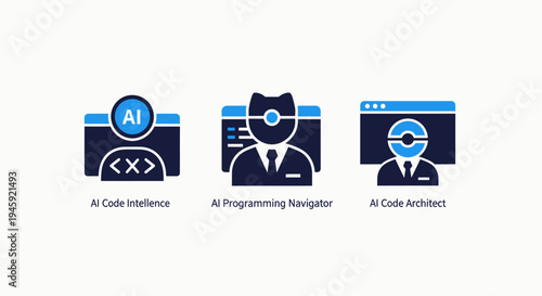 Ai code intelligence, programming navigator, architect icons - artificial intelligence development