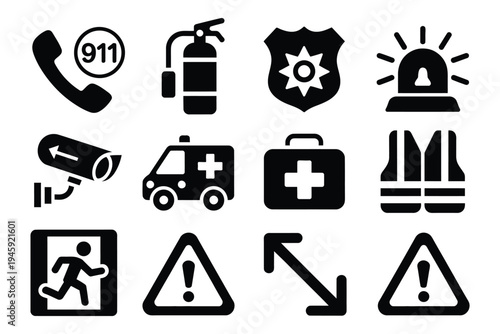 Essential emergency icons set, including first aid, fire safety, and warning symbols, vector illustrations for safety signage, apps, websites, and emergency preparedness materials.