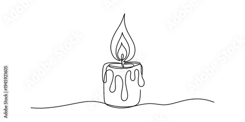 A simple continuous line art illustration of a burning candle with wax dripping down its side Vector, illustration