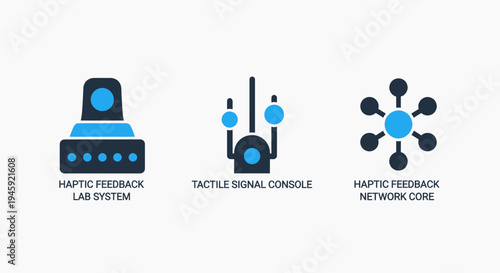 Haptic feedback and tactile technology icons: lab system, signal console, and network core concepts