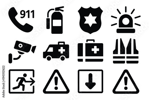 Emergency icon collection featuring first aid kits, fire safety equipment, and hazard warning symbols, suitable for safety dashboards, mobile apps, and workplace or public safety graphics.