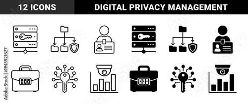 Hybrid cybersecurity and data management icons featuring server keys encrypted folders identification badges and monitored network analytics