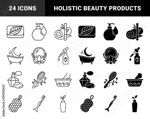 Minimalist hybrid organic spa and wellness collection featuring dual outline and solid silhouettes of botanical beauty products and self care rituals