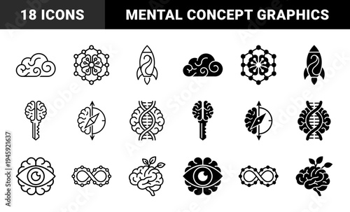 Hybrid brain and abstract symbol collection featuring conceptual mergers of human intelligence with rocket DNA helix compass eye and growth leaf elements
