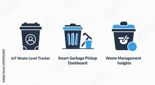 Smart waste management and iot solutions icons: level tracking, pickup dashboard, and data insights