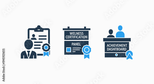 Professional certification and achievement dashboard icons - wellness and recognition system