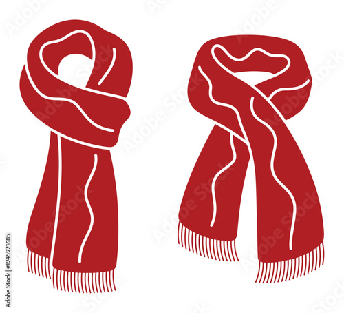 Two Red Scarves with White Wavy Lines and Fringes, Isolated on White
