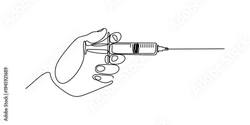 A continuous line art illustration showing a hand holding a medical syringe with a needle Vector, illustration