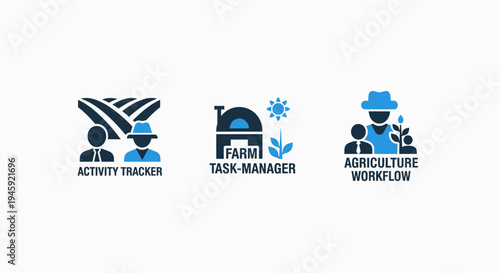 Agriculture activity tracker and farm task manager icons - modern farming workflow system