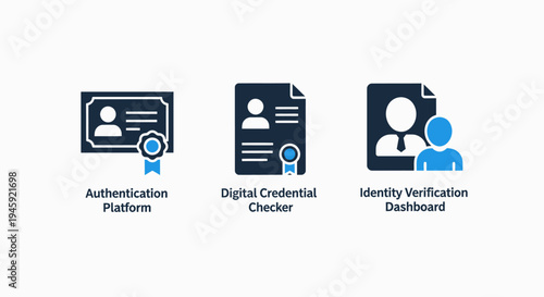 Digital identity verification and credential authentication icons - secure platform dashboard
