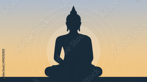 Buddha silhouette meditates in lotus position at serene sunset with halo symbolizing peace and spirituality