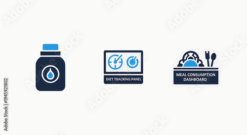 Diet tracking panel and meal consumption dashboard icons for health and nutrition management