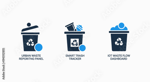 Smart urban waste management and recycling iot flow dashboard icons for environmental solutions